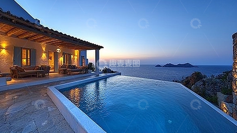 高清大图下载【趣麦麦图】海景别墅泳池落日