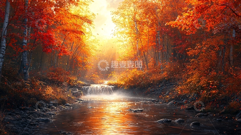 高清大图下载【趣麦麦图】秋日森林小溪瀑布