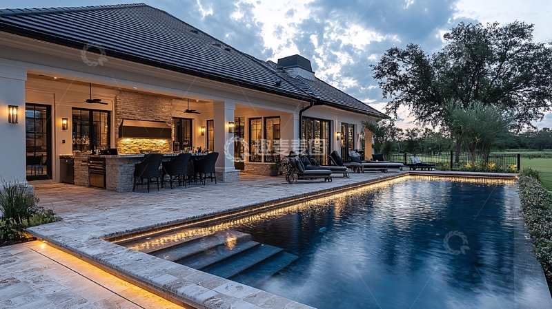 高清大图下载【趣麦麦图】现代别墅泳池夜景