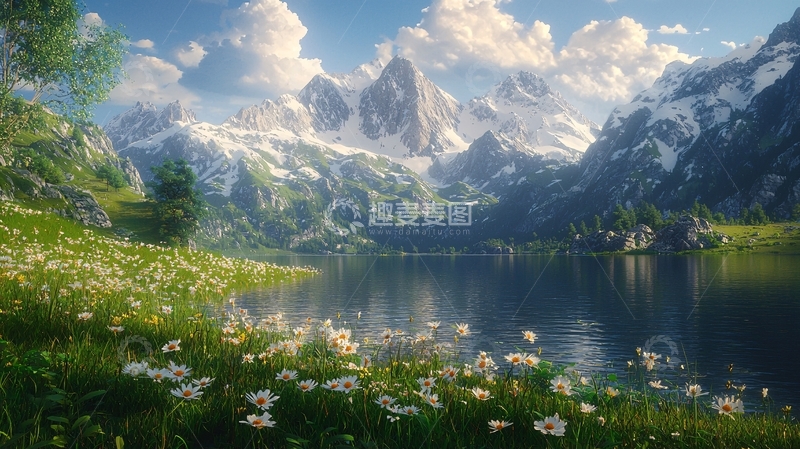 高清大图下载【趣麦麦图】雪山湖泊草原风景