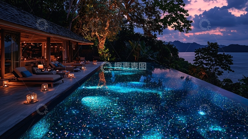 高清大图下载【趣麦麦图】海景别墅泳池夜景