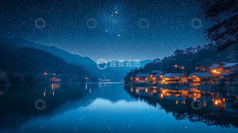 高清大图下载【趣麦麦图】星空下的湖边村庄