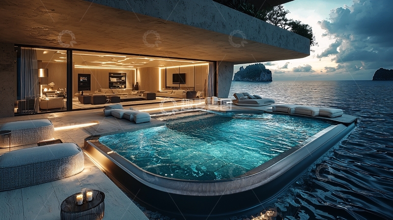 高清大图下载【趣麦麦图】海边别墅夜景泳池