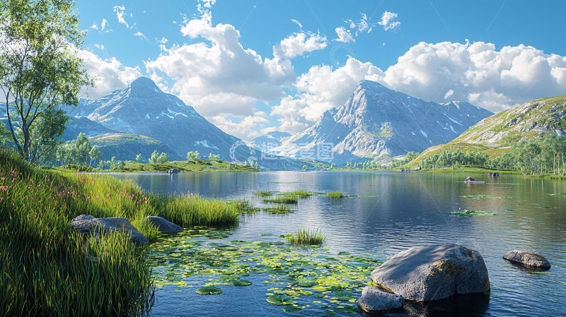 高清大图下载【趣麦麦图】阳光明媚的雪山湖泊