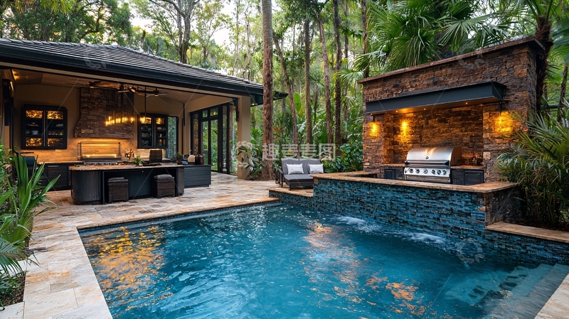 高清大图下载【趣麦麦图】别墅泳池户外烧烤区