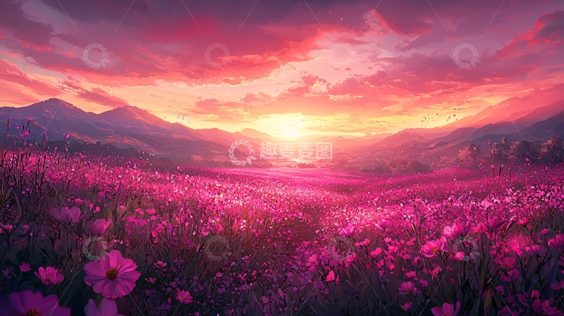高清大图下载【趣麦麦图】粉色花海日出