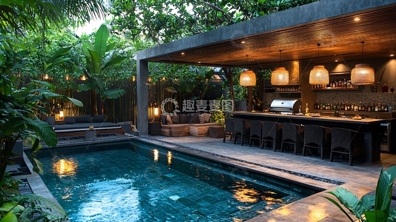 高清大图下载【趣麦麦图】泳池旁的户外酒吧