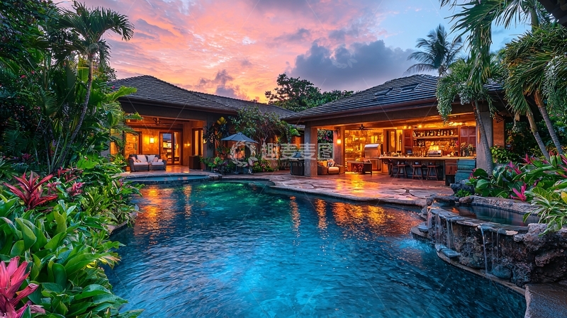 高清大图下载【趣麦麦图】日落时分的豪华别墅泳池