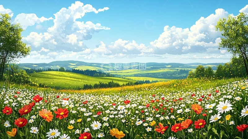 高清大图下载【趣麦麦图】阳光明媚的花海田园