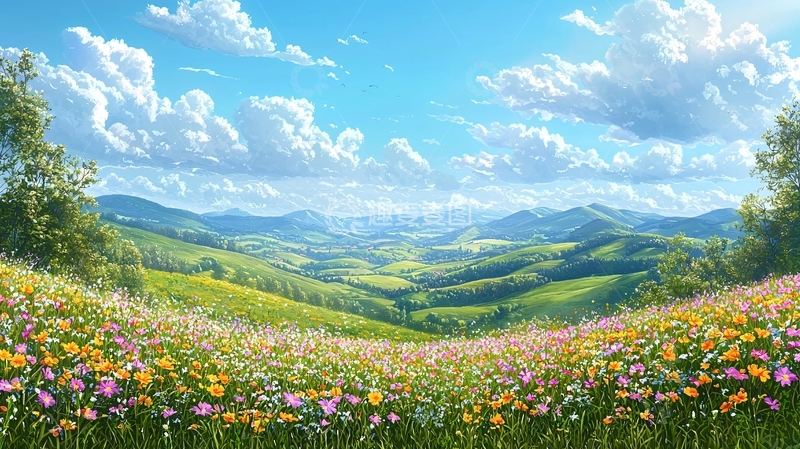 高清大图下载【趣麦麦图】阳光明媚的山峦花田