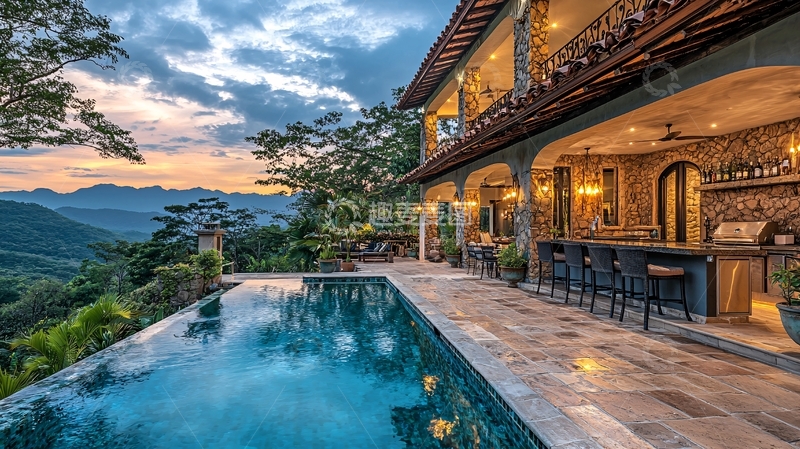 高清大图下载【趣麦麦图】山顶别墅泳池落日