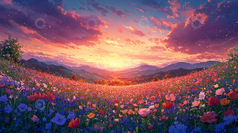 高清大图下载【趣麦麦图】梦幻般日落下的花海