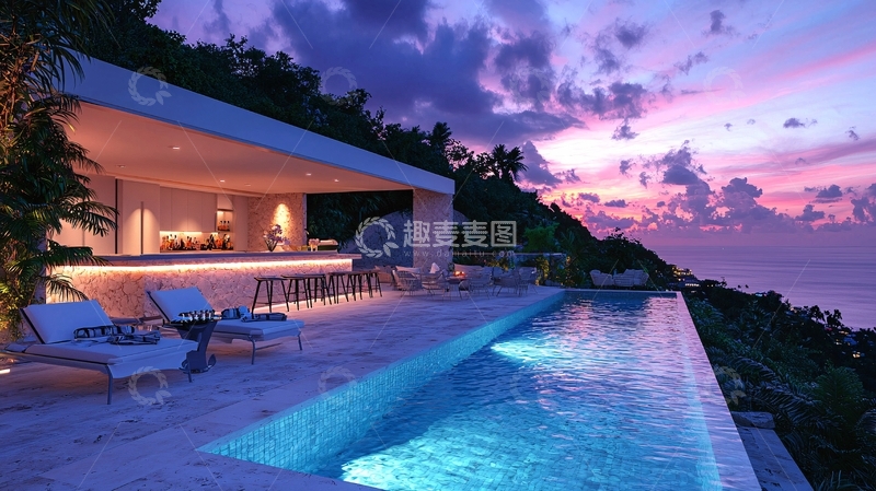 高清大图下载【趣麦麦图】山顶无边泳池别墅夜景