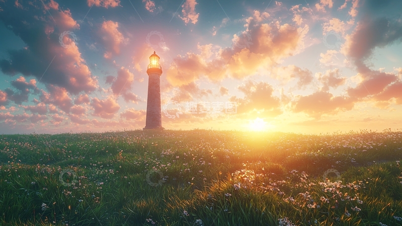 高清大图下载【趣麦麦图】日落时分的海边灯塔