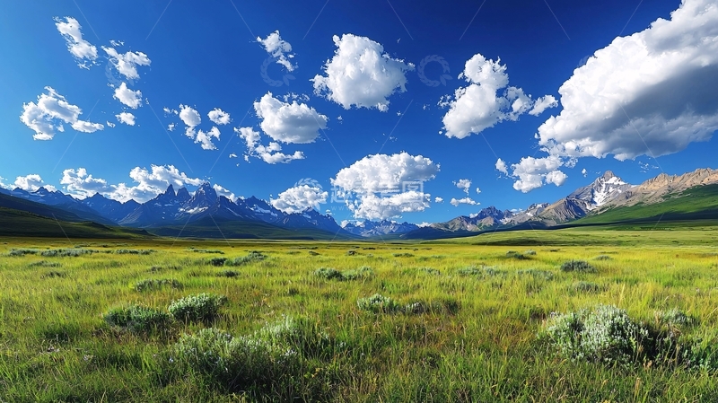 高清大图下载【趣麦麦图】蓝天白云下的广阔草原