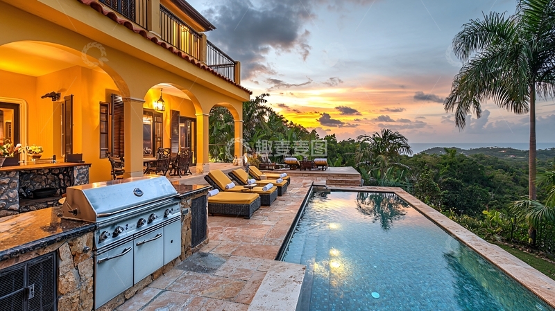 高清大图下载【趣麦麦图】山顶别墅泳池落日景观