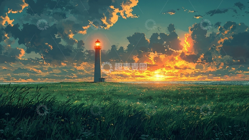 高清大图下载【趣麦麦图】日落时分灯塔草原