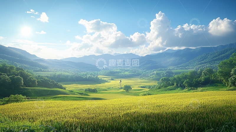 高清大图下载【趣麦麦图】阳光明媚的山谷田园风光