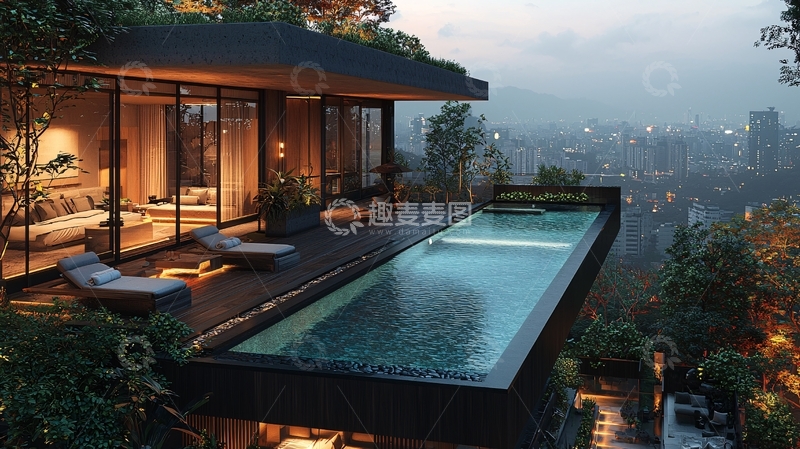 高清大图下载【趣麦麦图】夜景豪宅无边泳池