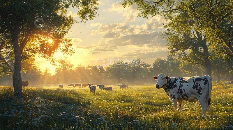 高清大图下载【趣麦麦图】清晨牧场奶牛日出