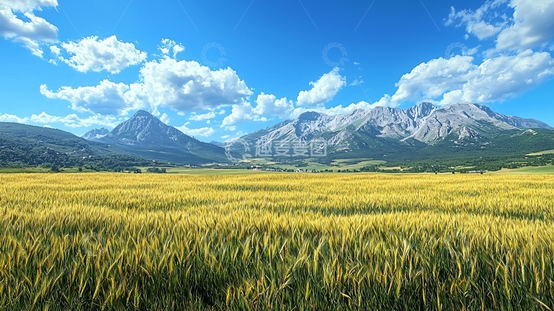高清大图下载【趣麦麦图】金色麦田与雪山