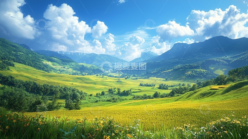 高清大图下载【趣麦麦图】阳光明媚的山谷田园风光