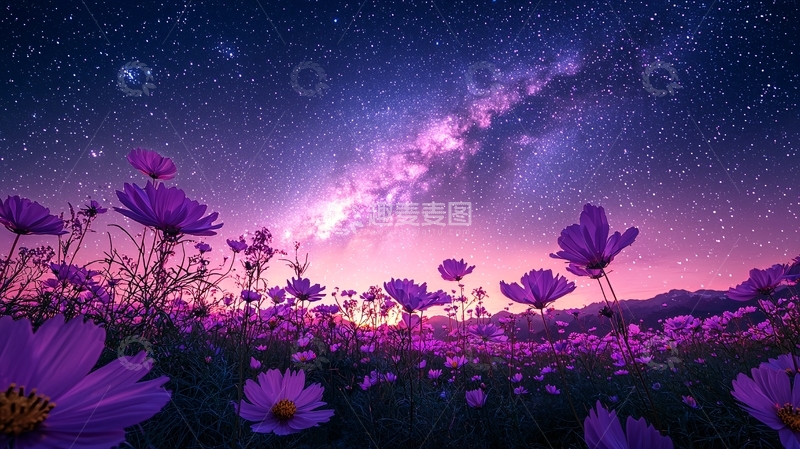 高清大图下载【趣麦麦图】紫色花海星空