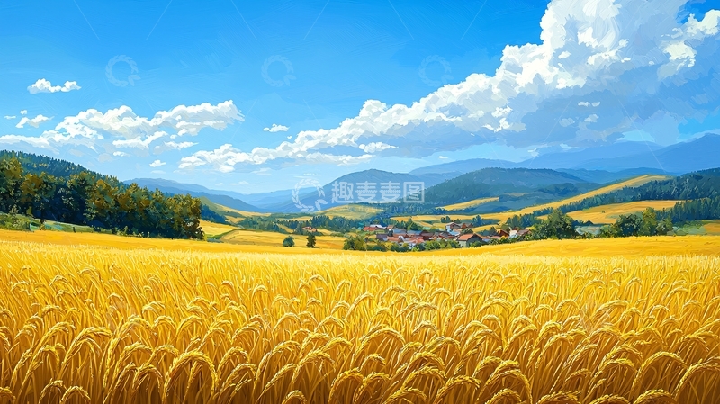 高清大图下载【趣麦麦图】金黄麦田山峦景色
