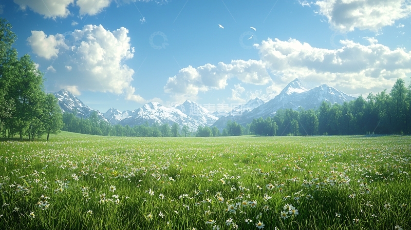 高清大图下载【趣麦麦图】阳光明媚的草原雪山风景