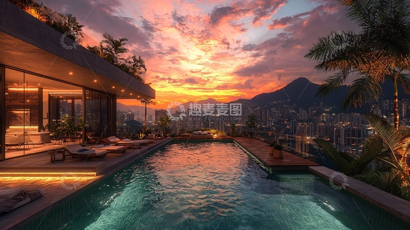 高清大图下载【趣麦麦图】山顶泳池别墅落日晚霞