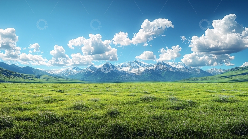 高清大图下载【趣麦麦图】草原雪山蓝天白云