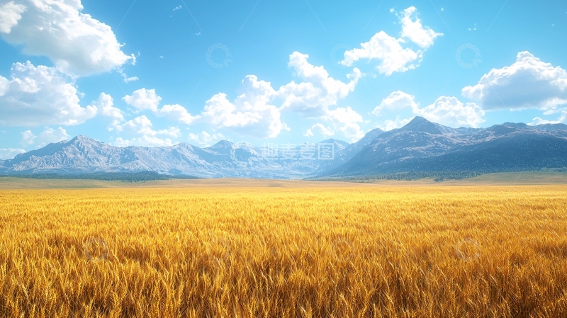 高清大图下载【趣麦麦图】金黄麦田与雪山背景