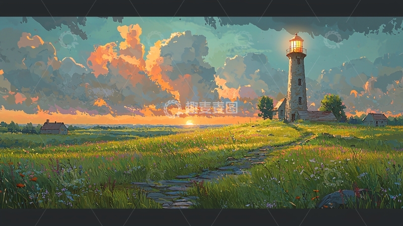 高清大图下载【趣麦麦图】夕阳下草原上的灯塔