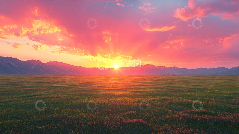 高清大图下载【趣麦麦图】壮丽的草原落日景象