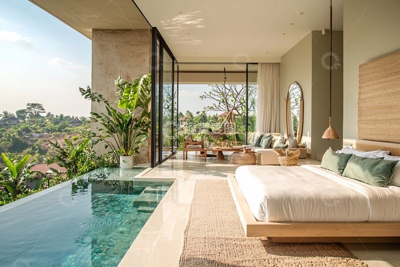 高清大图下载【趣麦麦图】极简风别墅无边泳池卧室