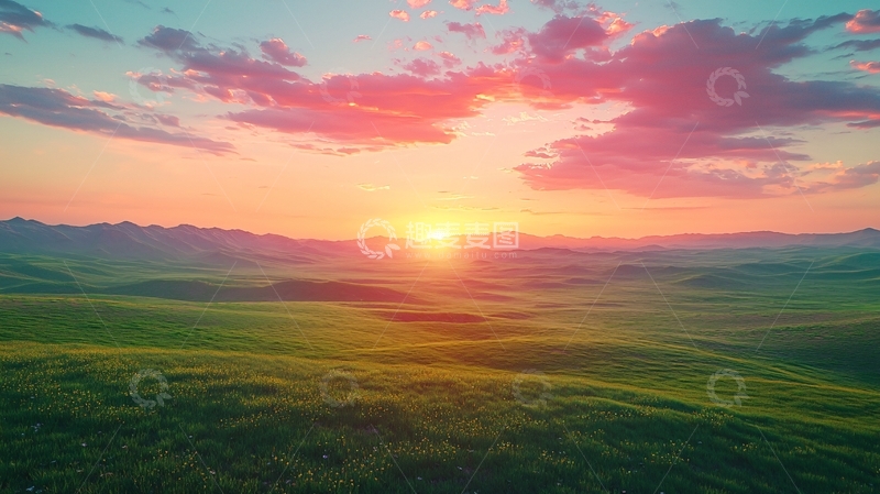 高清大图下载【趣麦麦图】梦幻般日出山峦草原