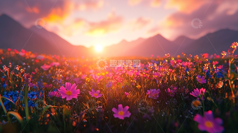 高清大图下载【趣麦麦图】日出花海山峦景色
