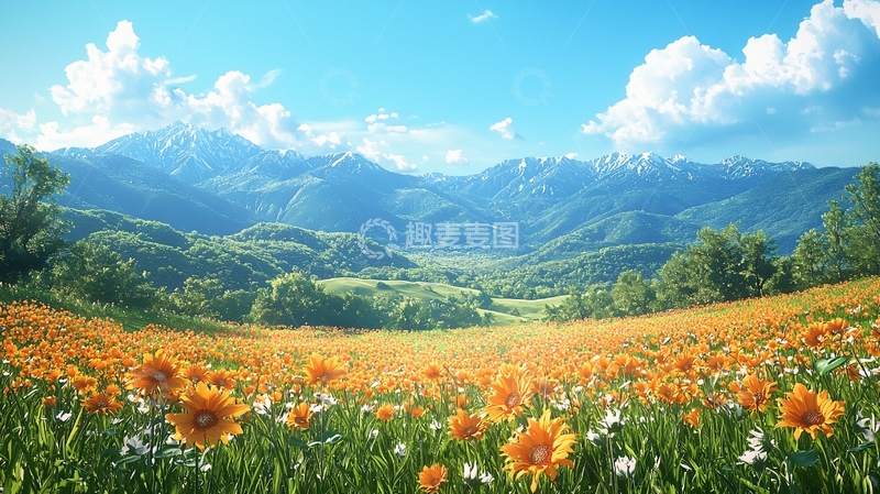 高清大图下载【趣麦麦图】阳光明媚的山谷花田