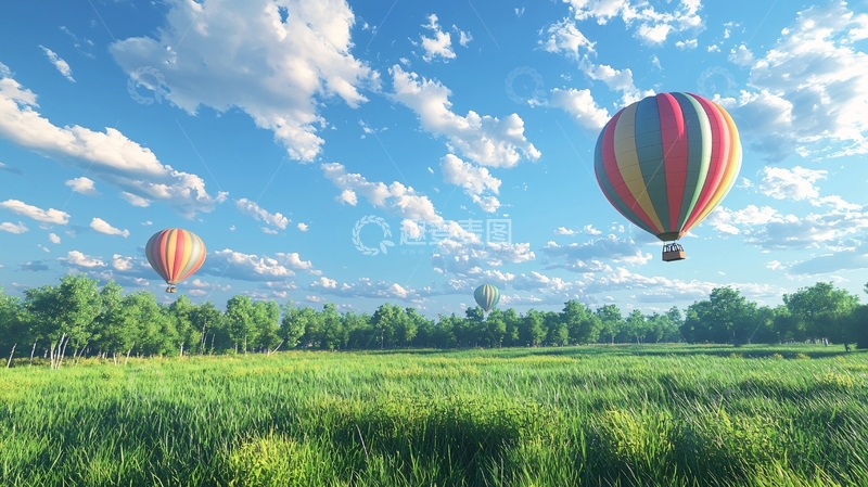 高清大图下载【趣麦麦图】热气球飞过绿油油的田野