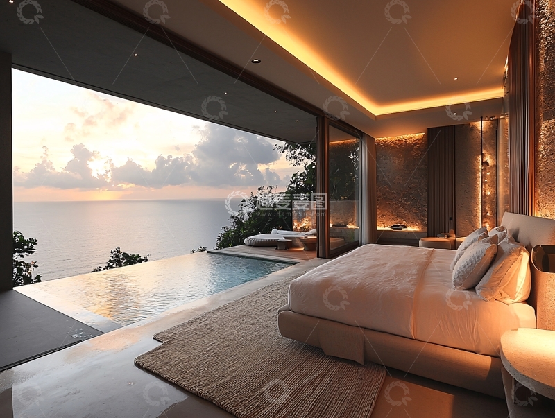 高清大图下载【趣麦麦图】海景卧室无边泳池别墅