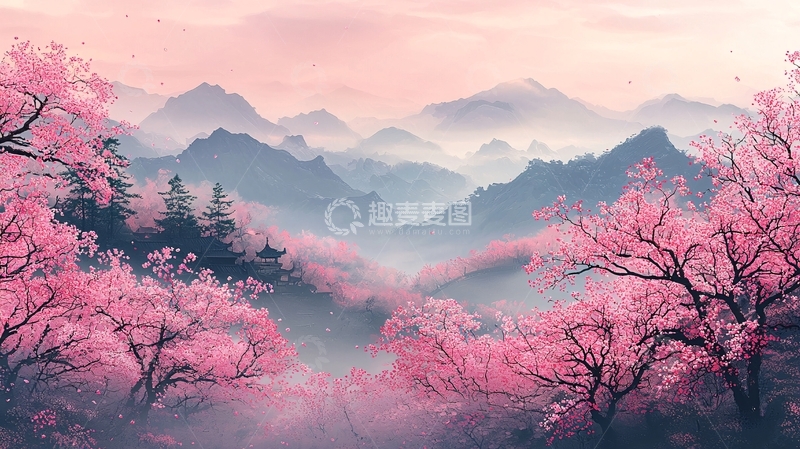 高清大图下载【趣麦麦图】粉色樱花山峰雾气