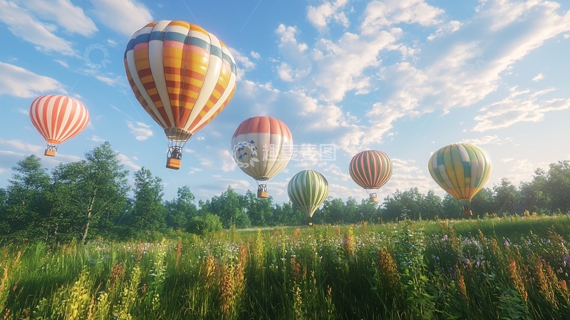高清大图下载【趣麦麦图】热气球飞跃田野