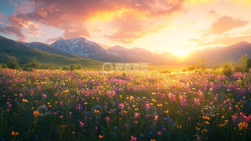 高清大图下载【趣麦麦图】日出山峰花海草原