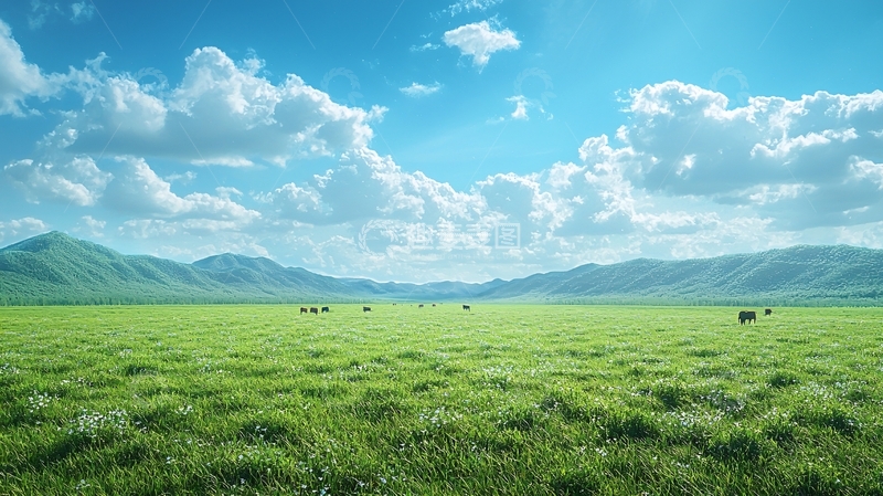 高清大图下载【趣麦麦图】晴空万里下的绿色草原
