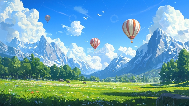 高清大图下载【趣麦麦图】蓝天白云下的热气球山景