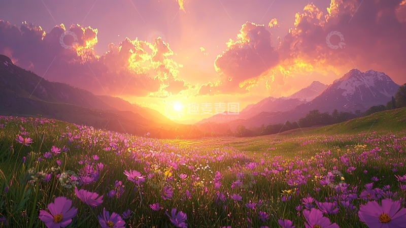 高清大图下载【趣麦麦图】日落花海山峰景色