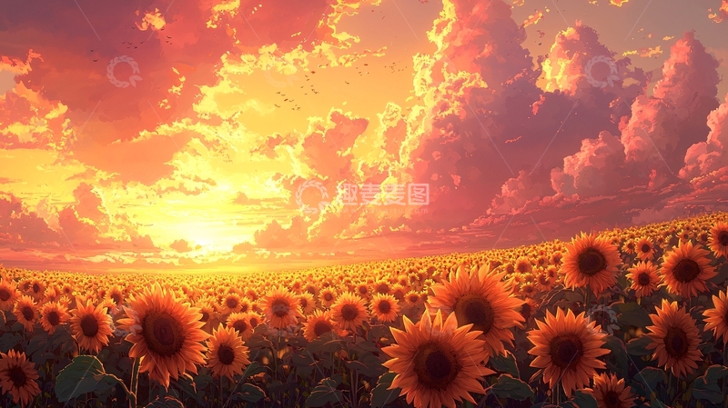 高清大图下载【趣麦麦图】日落向日葵田园风景