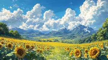 向日葵花海山峦蓝天白云