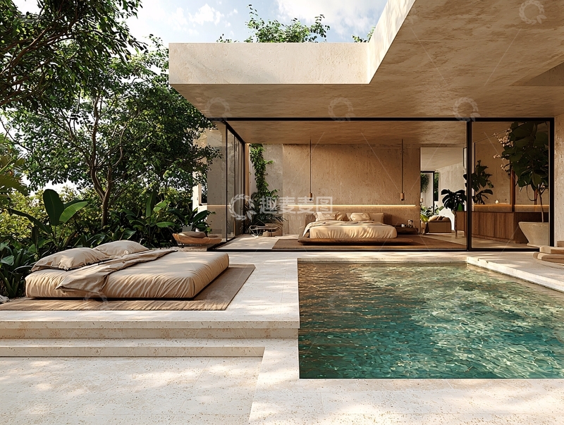 高清大图下载【趣麦麦图】现代简约别墅泳池卧室