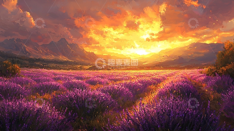 高清大图下载【趣麦麦图】壮丽的薰衣草田日落